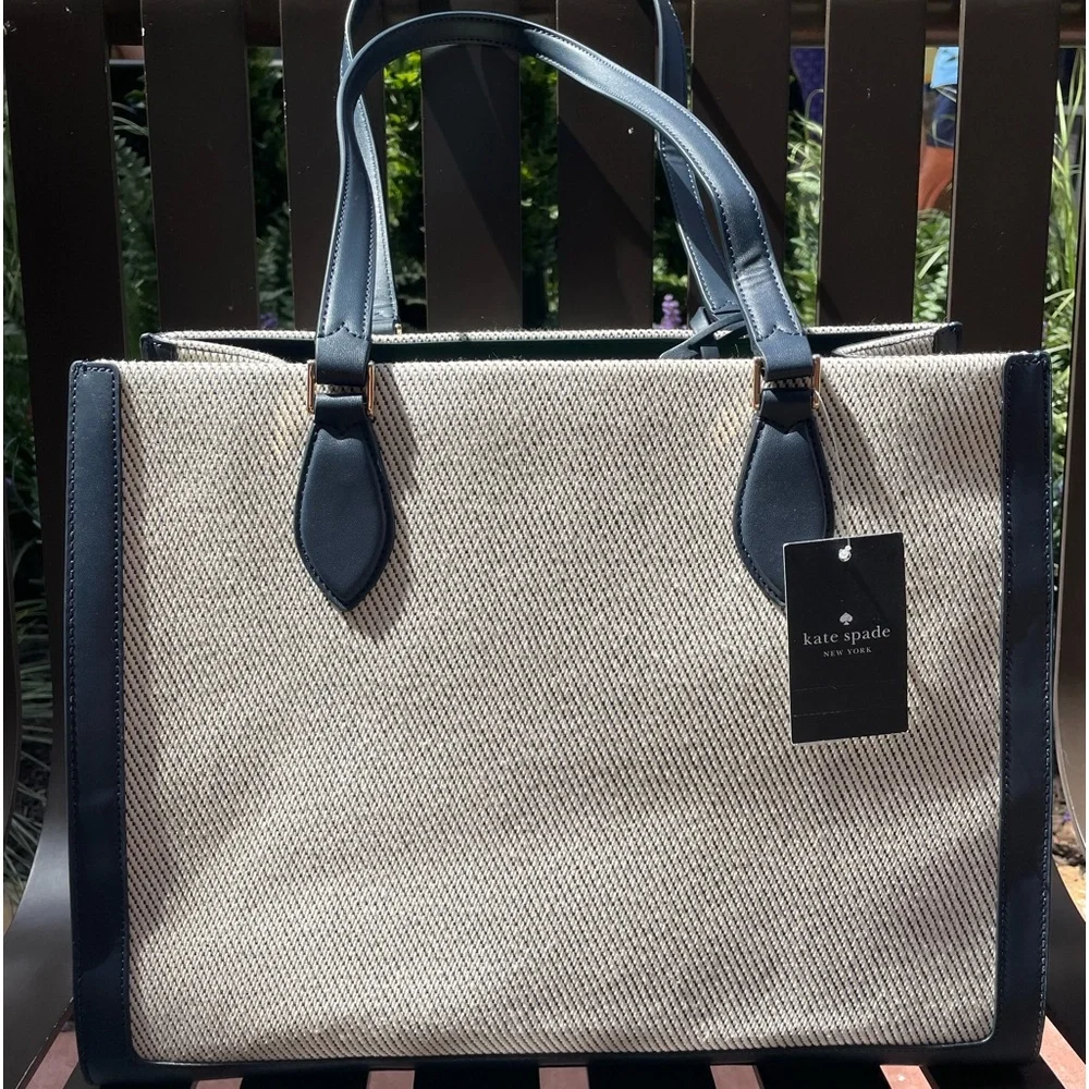 kate spade Beige Canvas Tote with Navy Trim and Yellow Accent Pom Poms